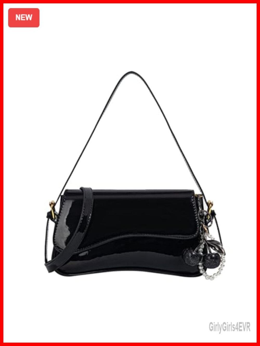 Y2K Faux Leather Clutch Purse with Cherry Pendant, Crossbody Shoulder Bag